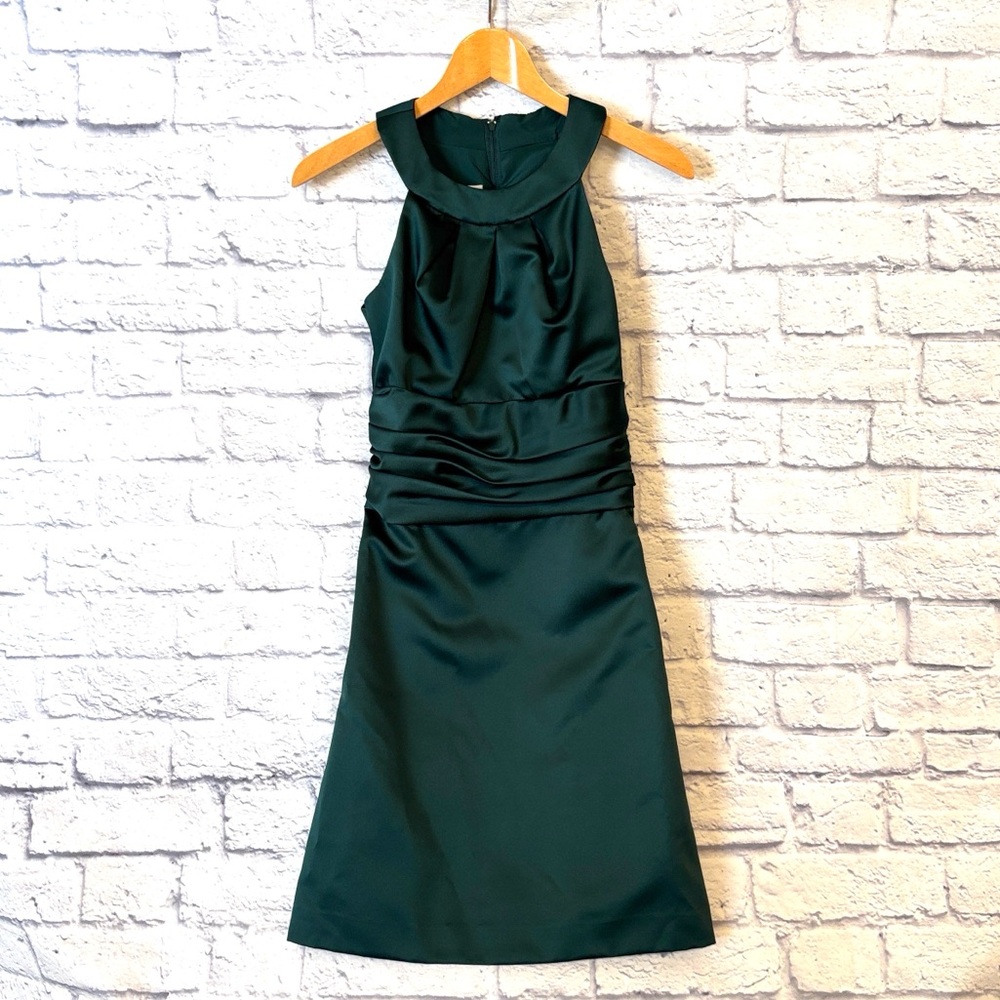David’s Bridal Satin Halter Dress Dark Green Formal Bridesmaid Cocktail Size 2